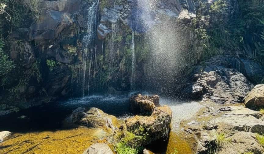 Cascada y arroyo rodeados de naturaleza en la Reserva Natural Los Quebrachitos, Córdoba.